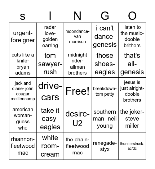 classic rock Bingo Card