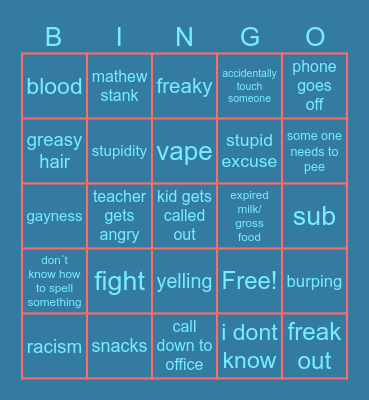 school bingo Card