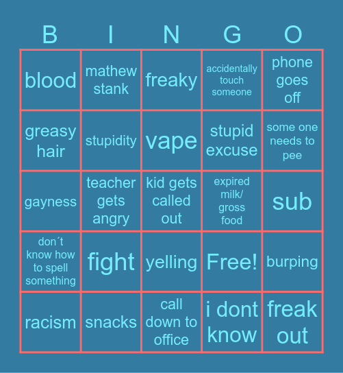 school bingo Card