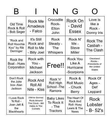 Songs with the word "Rock" in the title Bingo Card