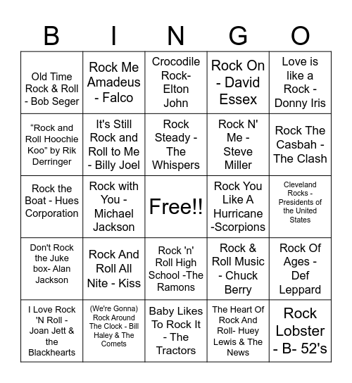 Songs with the word "Rock" in the title Bingo Card