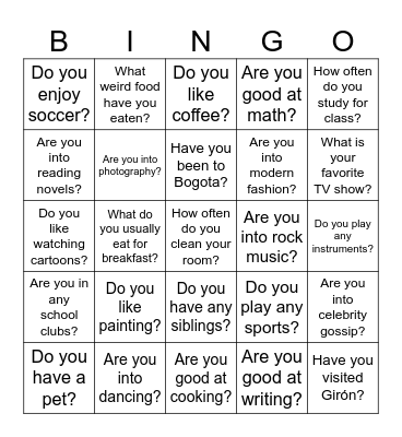 Present Simple Bingo Card