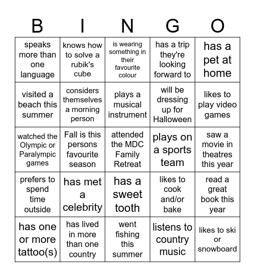 MDC Mingle Bingle Bingo Card