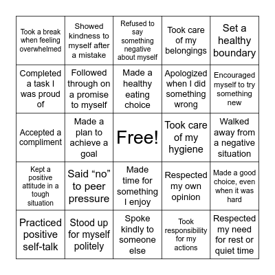 Self-Respect Bingo Card