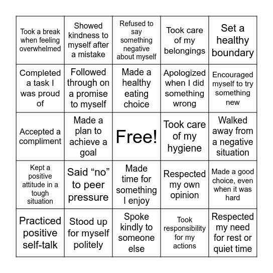 Self-Respect Bingo Card