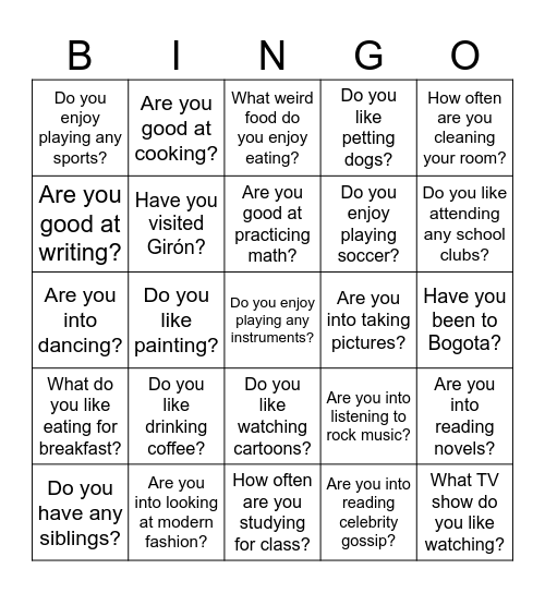 Present Continous Bingo Card