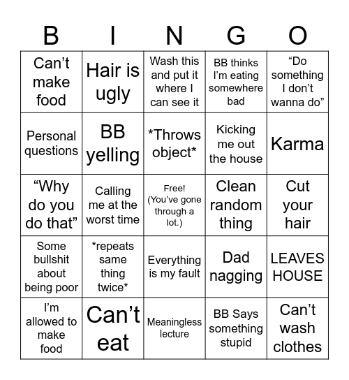 Terrible Stepmom Bingo Card