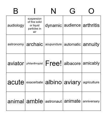Root Words that Start w/ "A" Bingo Card