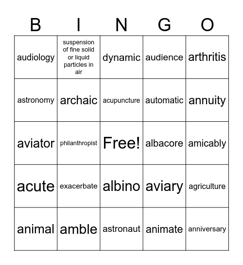 Root Words that Start w/ "A" Bingo Card