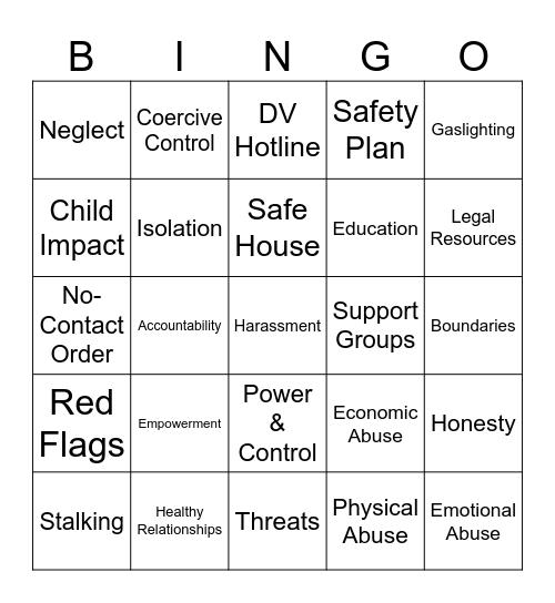 Domestic Violence Bingo Card