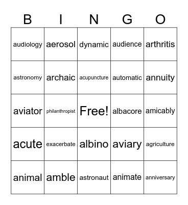 Root Words that Start w/ "A" Bingo Card