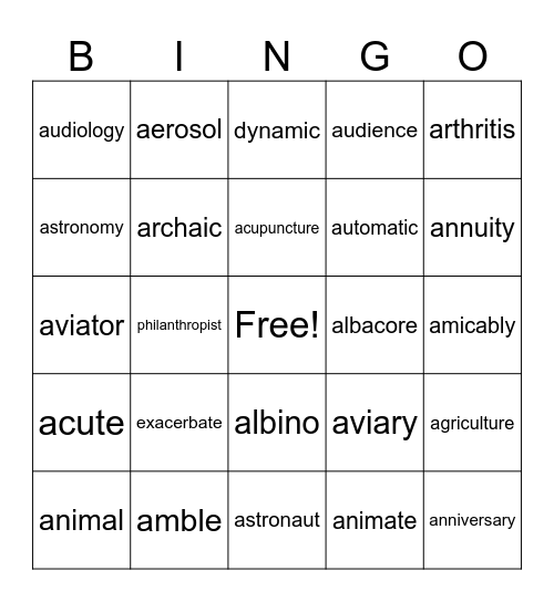 Root Words that Start w/ "A" Bingo Card