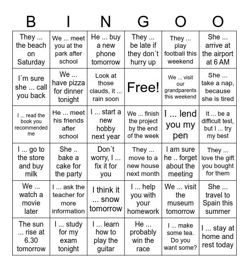 Bingo - will / going to Bingo Card