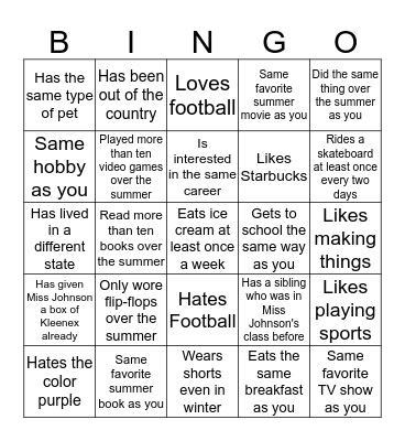 Meet Your Classmates Bingo Card
