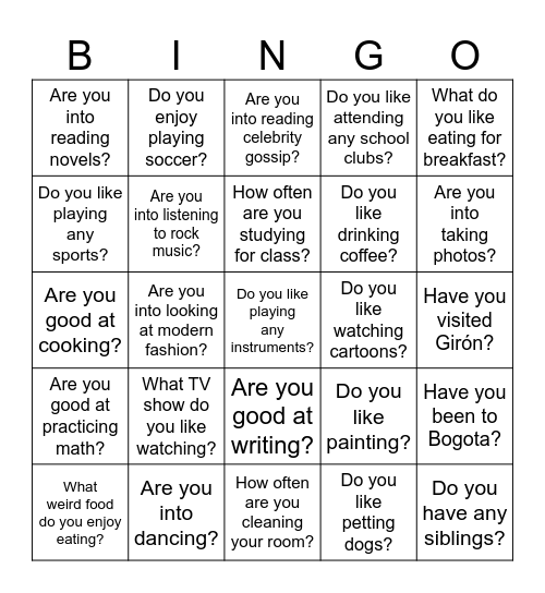 Present Continous Bingo Card