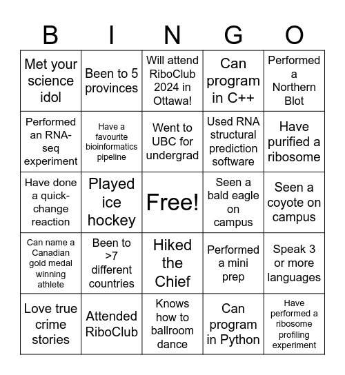 RNA Club September 2024 Bingo Card