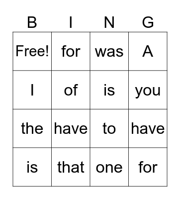 Sight Words Bingo Card