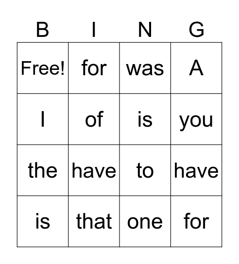 Sight Words Bingo Card