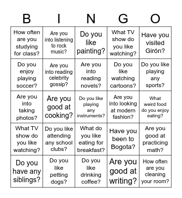 Present Continous Bingo Card