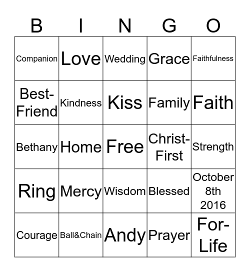 Bethany & Andy's Wedding Shower Bingo Card