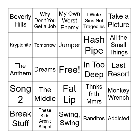 90s/00s Grunge & Punk Rock Bingo Card