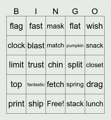 Closed Syllable Words Bingo Card