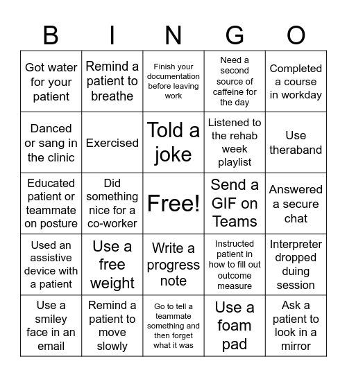 Rehab Week Bingo Card