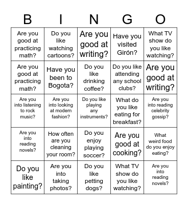 Present Continous Bingo Card