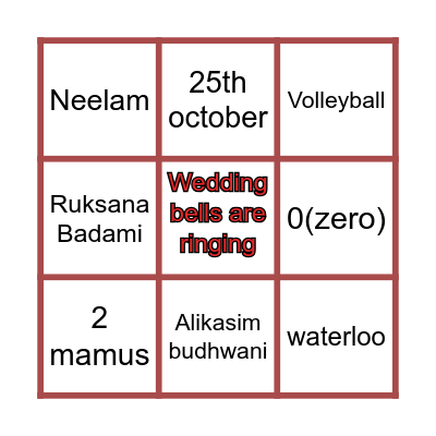 Zia's Wedding Bingo Card