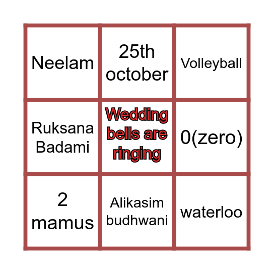 Zia's Wedding Bingo Card