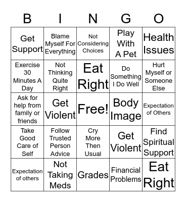 Coping Skills Bingo Card