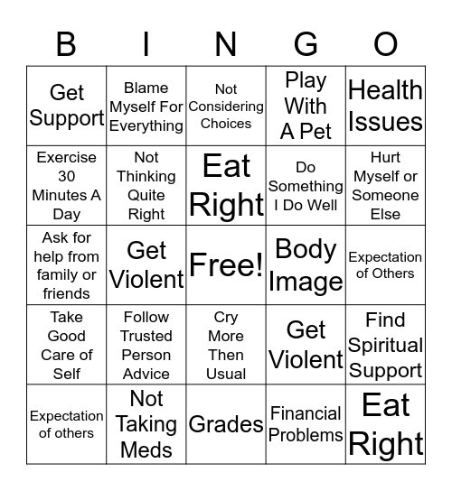 Coping Skills Bingo Card