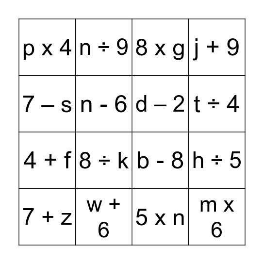 Variables Bingo Card