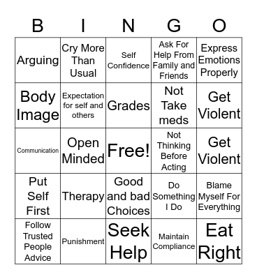 Coping Skills Bingo Card