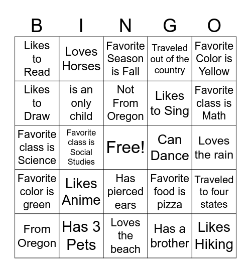 Get to Know You Bingo Card