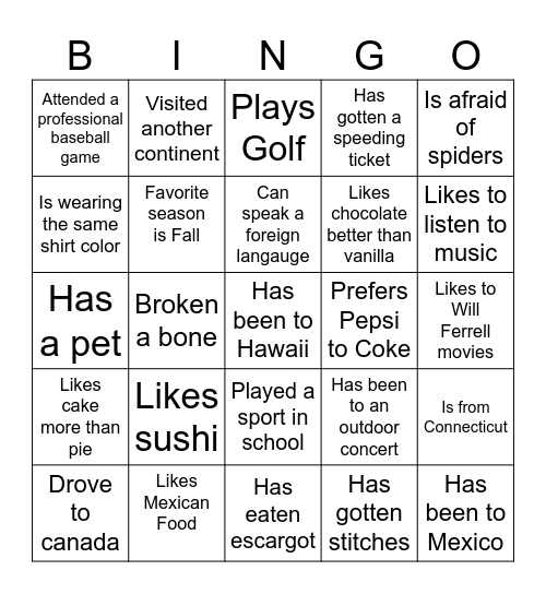 Get to Know You BINGO Card