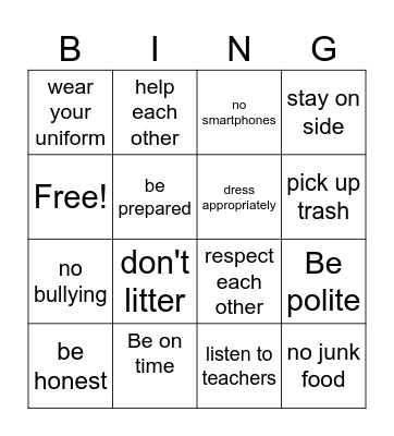 School Rules Bingo Card