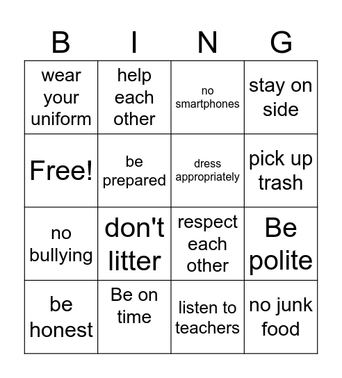 School Rules Bingo Card