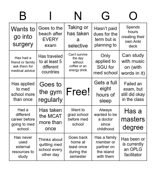 What's the Tea: Med School Edition Bingo Card