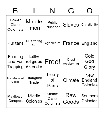 American History Unit 1 Bingo Card