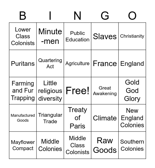 American History Unit 1 Bingo Card