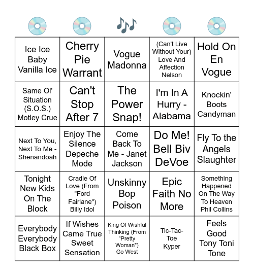 TOP SONGS FROM SEPTEMBER 1990 Bingo Card