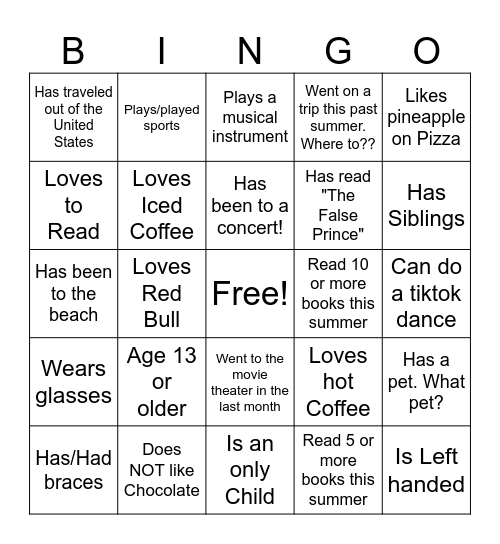 Get to Know You - Teen Edition Bingo Card