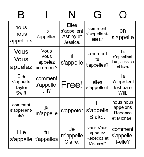 verbe s'appeler Bingo Card