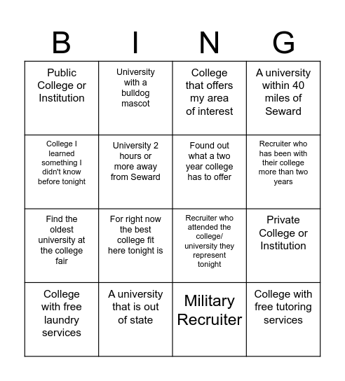 College Fair Bingo Card