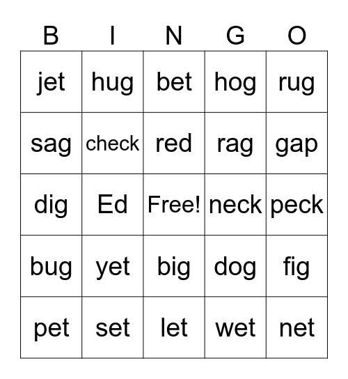 e, g Bingo Card
