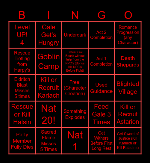 Baldur's Gate 3 Bingo Card