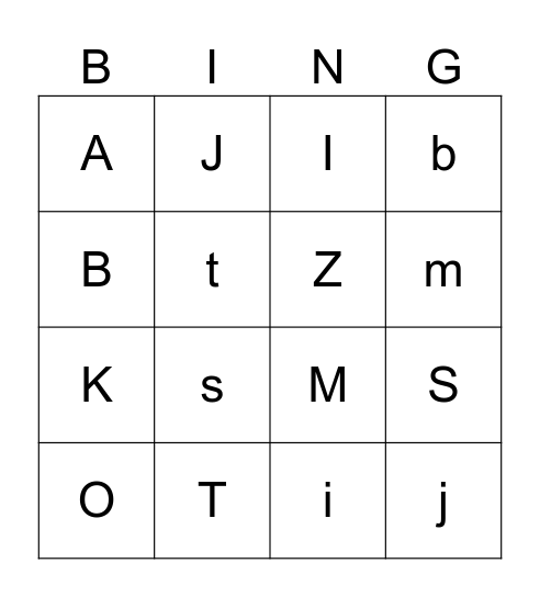 JJ review: Aa, Bb, Ii, Jj, K, Mm, Oo, Ss, Tt, Z Bingo Card