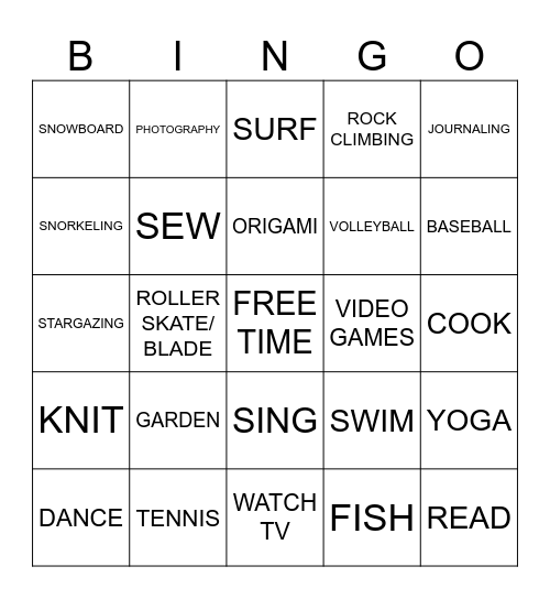 LEISURE Bingo Card