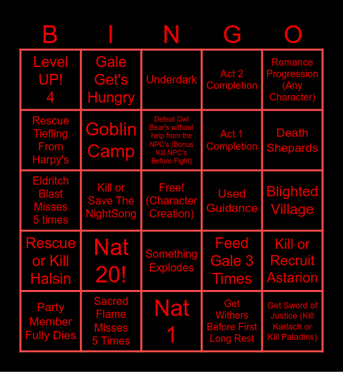 Baldur's Gate 3 Bingo Card